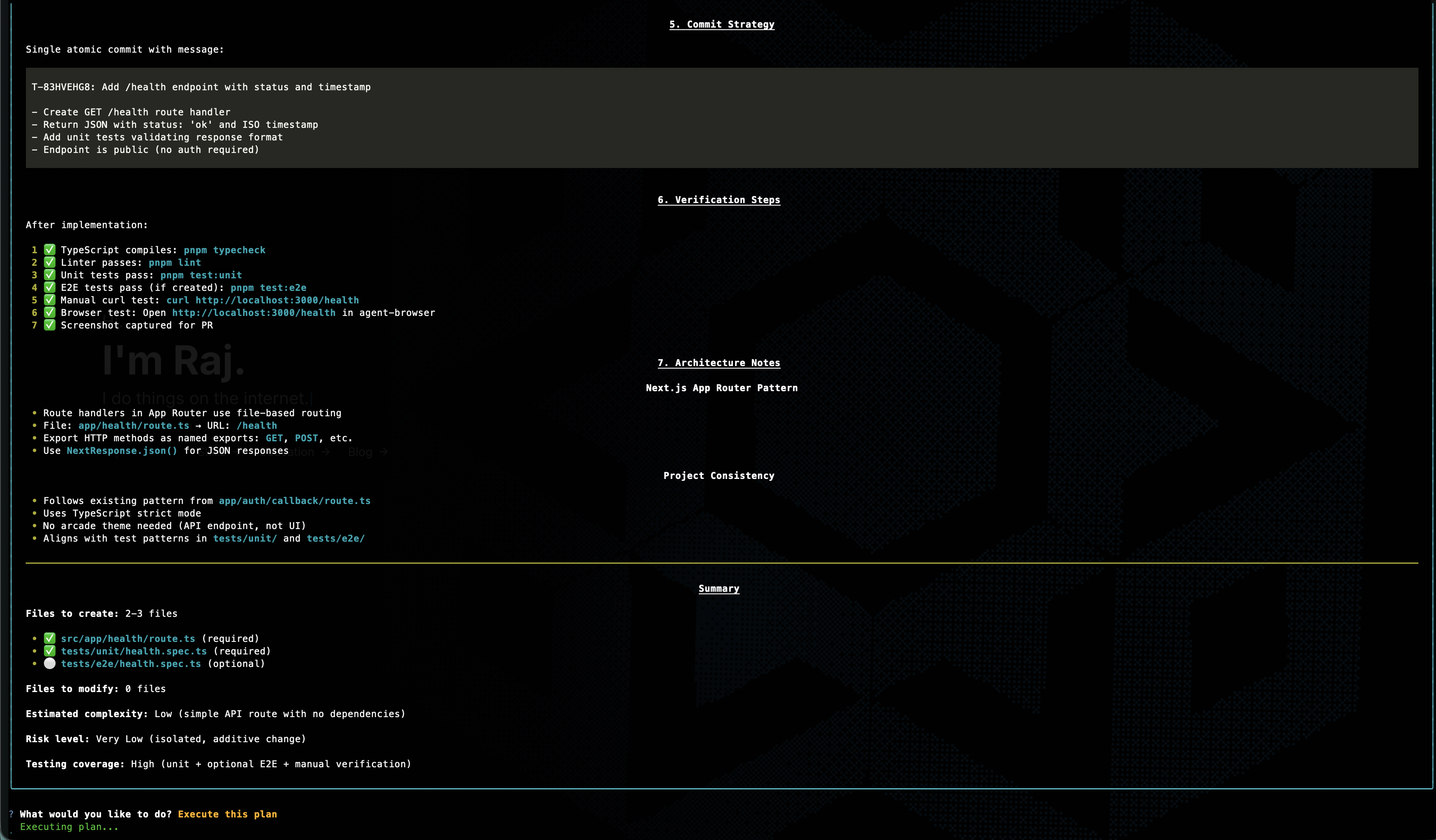 Plan mode terminal UI showing rendered plan with execute/revise/abort selector